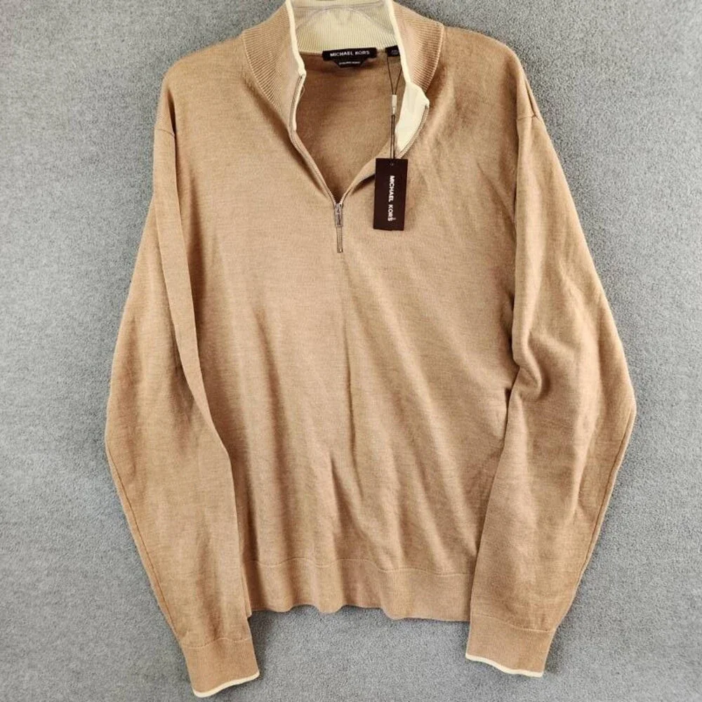 Michael Kors Modern-Fit Tipped 1/4-Zip Merino Wool Sweater Men's XXL Dark Camel